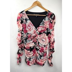 Floral Mesh Ruched Women's Top - Black and Pink